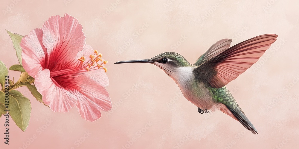 Naklejka premium Hummingbird in Flight Near Pink Hibiscus Flower