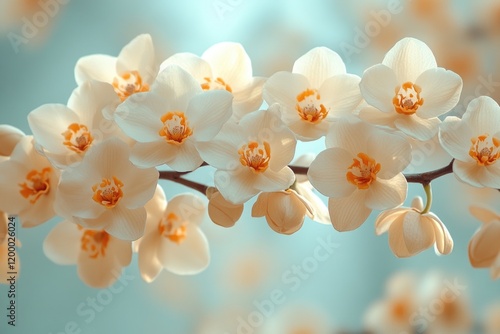 Close-up shot of a stem with white flowers and orange centers, suitable for decoration or illustration purposes photo