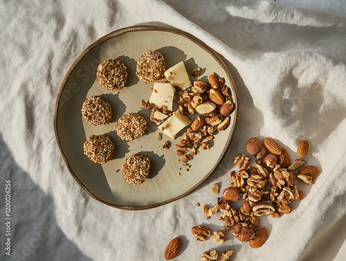 Asymmetric snack display with nut-crusted cheese bites, roasted seed clusters, and spiced nut medleys on an uneven ceramic plate. Elements spill over onto the linen napkin, with dramatic light  photo