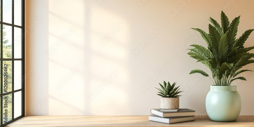 Fototapeta premium Modern interior featuring plants and books on a wooden shelf by a sunny window