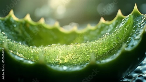 Close-up of an aloe vera leaf with droplets reflecting sunlight, highlighting its green texture.