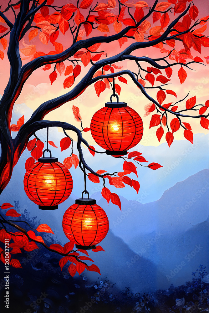 Fototapeta premium Magical Red Lanterns Illuminating Autumn Tree Against Misty Mountain Sunset