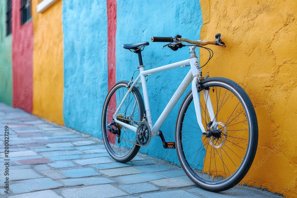 A white bicycle leans against a vibrant wall with geometric shapes and bright colors A white bicycle leans against a vibrant wall with geometric shapes and bright colors