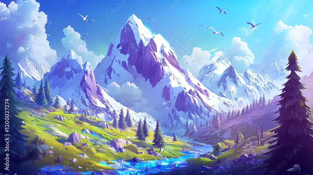 Obraz premium Majestic mountain landscape with vibrant greenery and flowing river under a clear blue sky