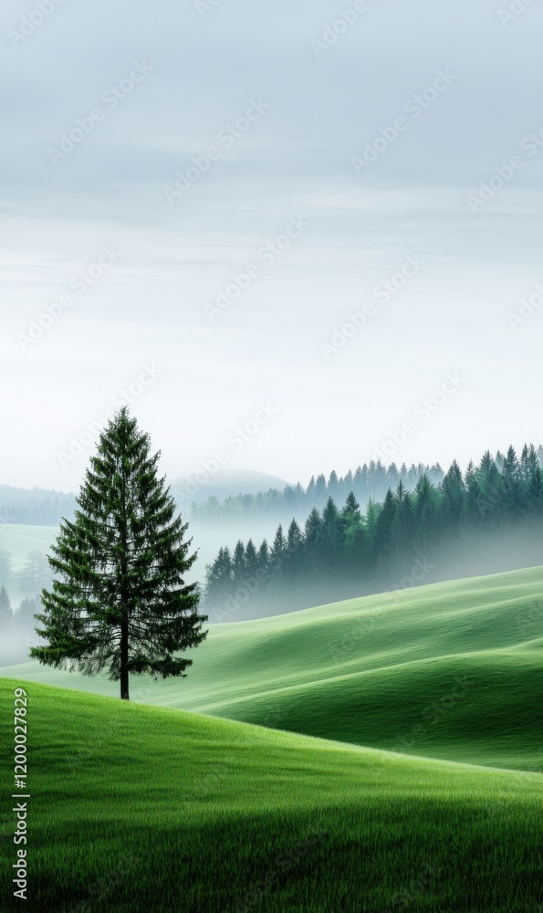 Fototapeta premium Serene Landscape of Rolling Green Hills Under Soft Misty Clouds with a Single Pine Tree as a Focal Point