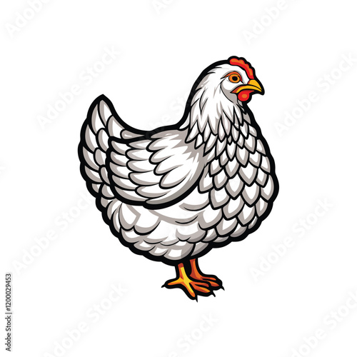 A realistic vector image of a Cochin chicken with a full, fluffy plumage, standing on a grassy field, looking directly at the viewer.