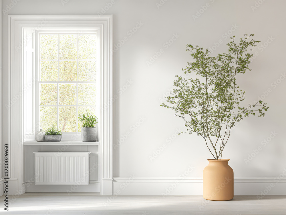 Fototapeta premium Minimalist interior with a large vase and greenery under natural light