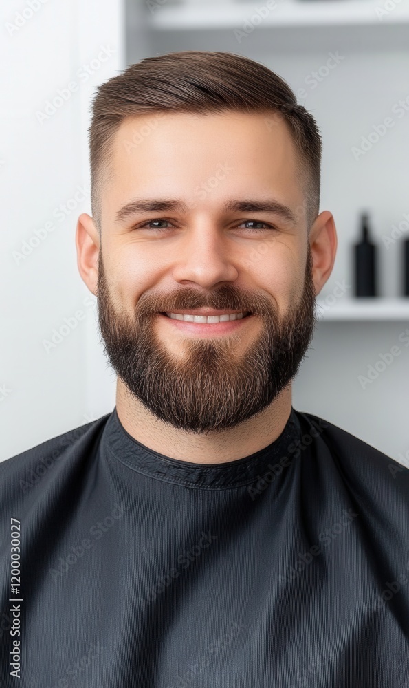 Fototapeta premium Young man with stylish beard smiling confidently in a modern barber shop after grooming session captured on camera