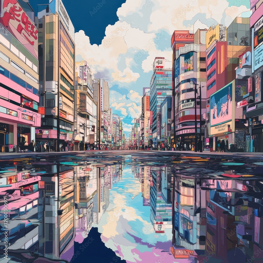Fototapeta premium Urban Cityscape Reflected in Puddles After Rain