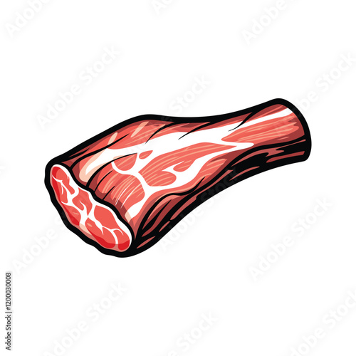 Create a photorealistic vector illustration of a raw pork jowl with marbled fat, showcasing the intricate fat distribution and the texture of the meat.