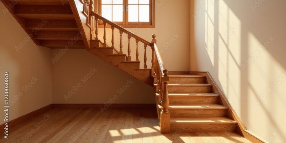 Sunlit Wooden Staircase in a Modern Home with Warm Light and Shadow Play Sunlit Wooden Staircase in a Modern Home with Warm Light and Shadow Play