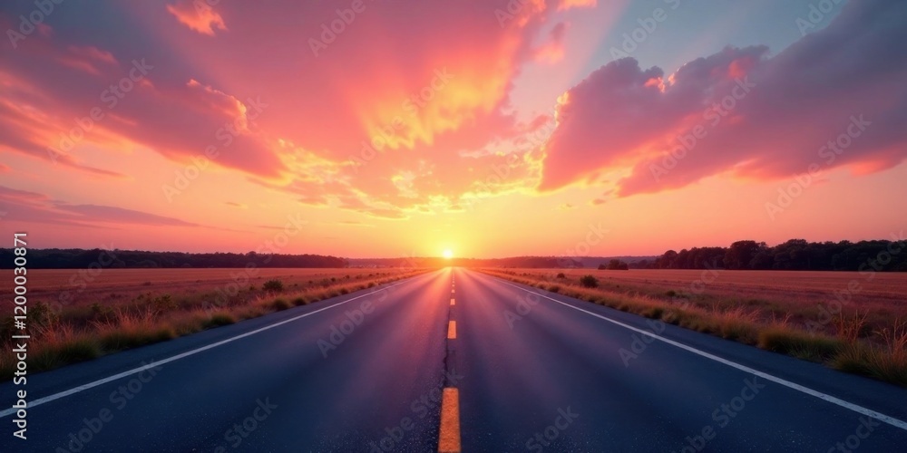 Naklejka premium Asphalt Pathway Ahead, Leading to a Vibrant Sunset Over a Serene Meadow
