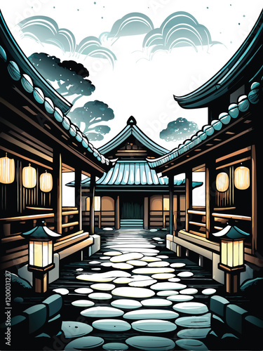 A vibrant illustration of a traditional Japanese onsen bathhouse, showcasing its retro charm and intricate details.