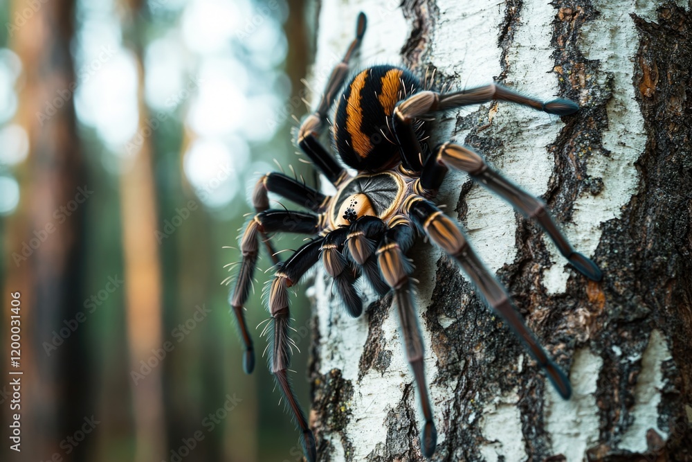 A large spider sits atop a tree branch, ready to survey its surroundings A large spider sits atop a tree branch, ready to survey its surroundings