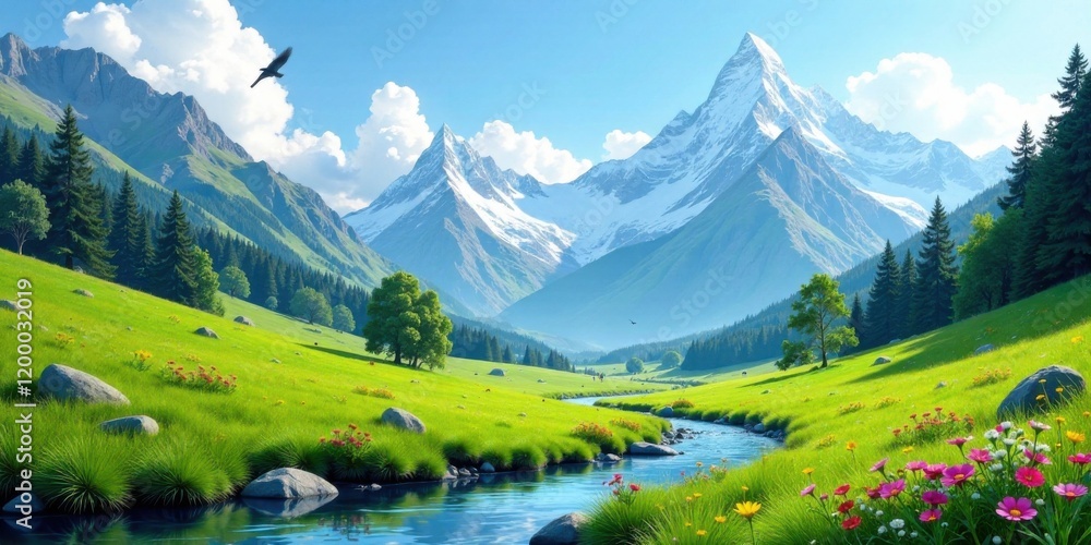 Serene Mountain Valley Landscape with Lush Green Meadows, Winding River, and Majestic Snow-Capped Peaks Under a Clear Blue Sky Serene Mountain Valley Landscape with Lush Green Meadows, Winding River, and Majestic Snow-Capped Peaks Under a Clear Blue Sky