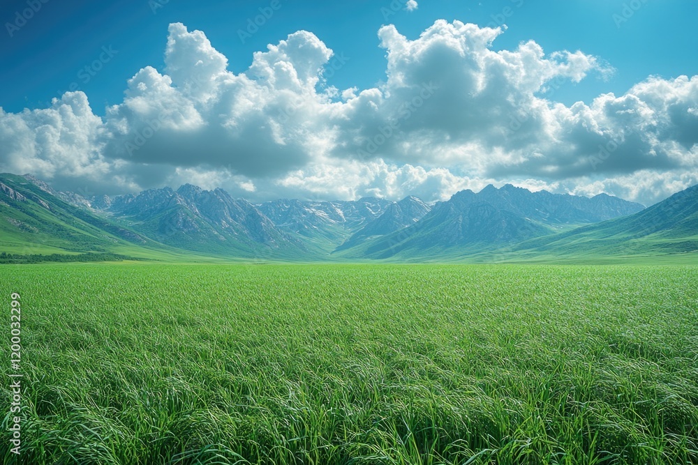 Fototapeta premium A serene natural scene with a green field and distant mountains