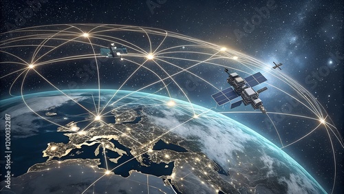 Satellites Flying over Earth Connect and Cover Planet with Digitalization Network of Information. Global Data Grid Connecting Whole World.