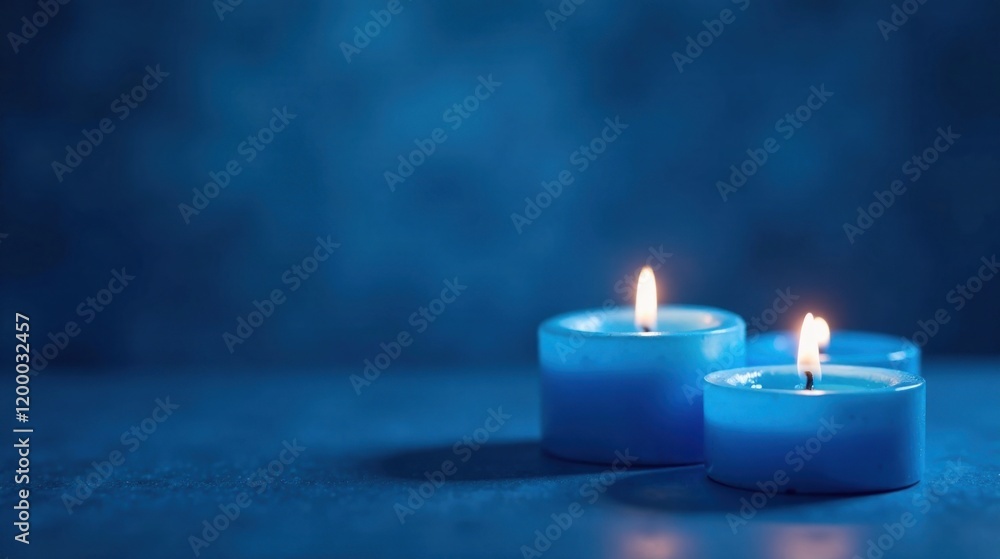 Serene Blue Candles Illuminate a Tranquil Setting, Reflecting Peaceful Ambiance and Quiet Contemplation Serene Blue Candles Illuminate a Tranquil Setting, Reflecting Peaceful Ambiance and Quiet Contemplation
