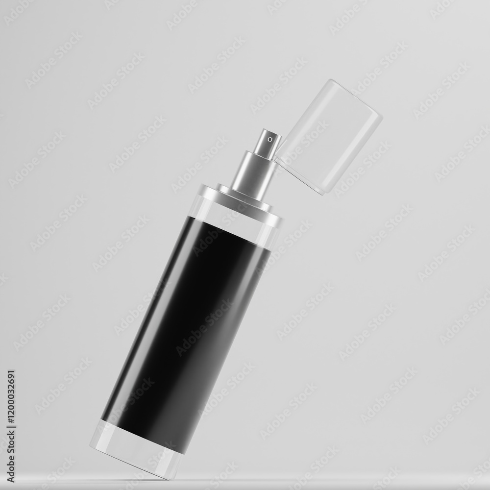 A clear cylindrical spray bottle rests at an angle on a white background. Its silver pump and open clear cap are ready for use. A sleek black label wraps around the bottle. A clear cylindrical spray bottle rests at an angle on a white background. Its silver pump and open clear cap are ready for use. A sleek black label wraps around the bottle.