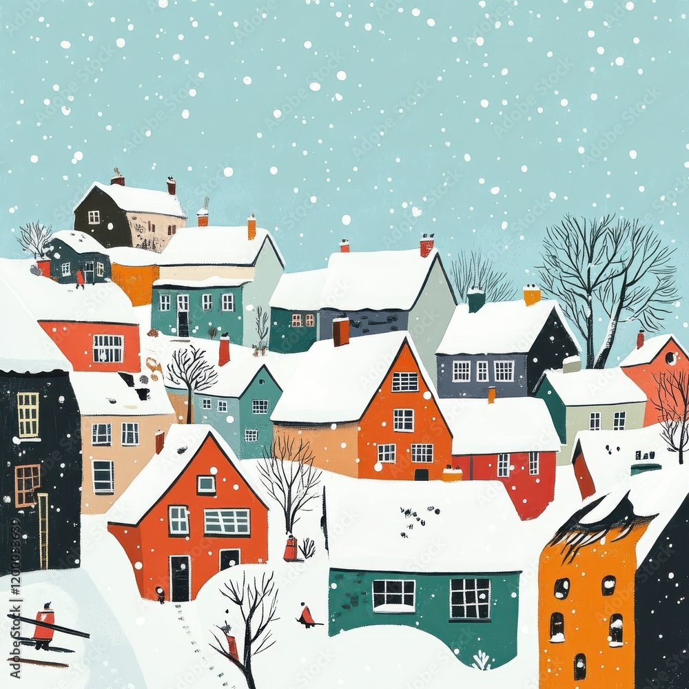 A stylish minimalist rendering of a snowy village scene A stylish minimalist rendering of a snowy village scene