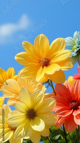 A vibrant arrangement of colorful flowers against a clear blue sky, showcasing shades of yellow, orange, and light blue.