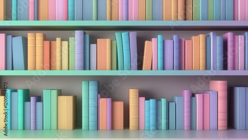 3D library scene with bookshelves filled with colorful books, clipart style 
 photo