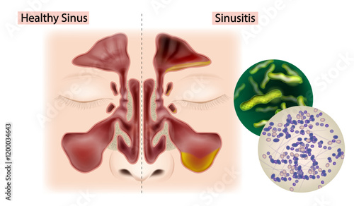 Human Sinuses  Healthy and Infected with Sinusitis. Bacterial Infection Concept. Sinus Inflammation and Bacterial Infection Illustration