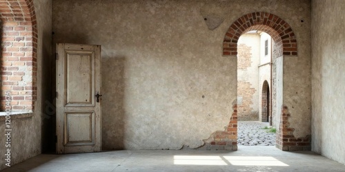 A weathered door ajar in a rustic room with exposed brick archway leading to a sunlit courtyard