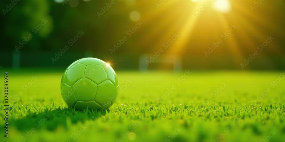 Naklejka premium A vibrant green soccer ball rests on a lush, sun-drenched field, ready for a game under the warm glow of the setting sun.