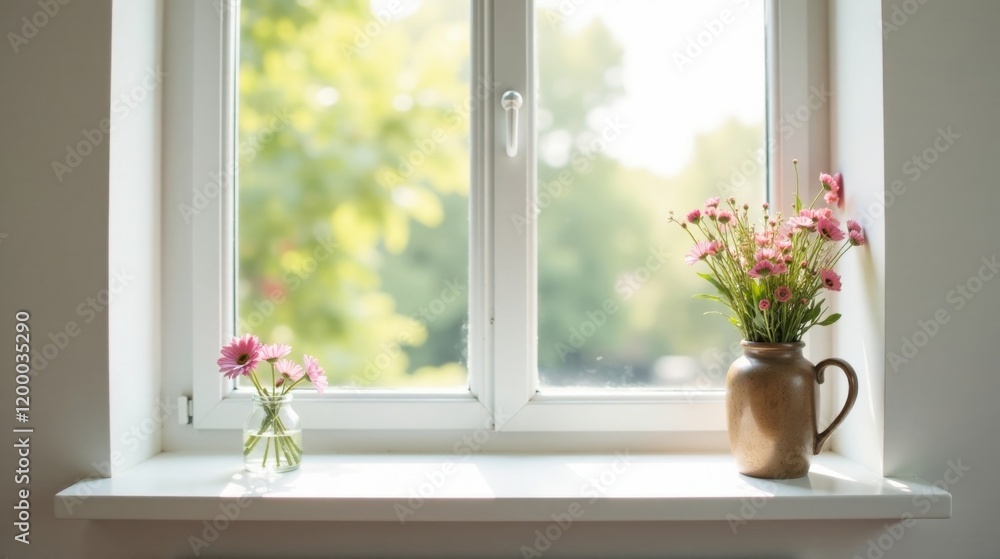 Serene Windowsill Display with Delicate Pink Flowers in Earthenware Vase and Small Glass Jar Serene Windowsill Display with Delicate Pink Flowers in Earthenware Vase and Small Glass Jar