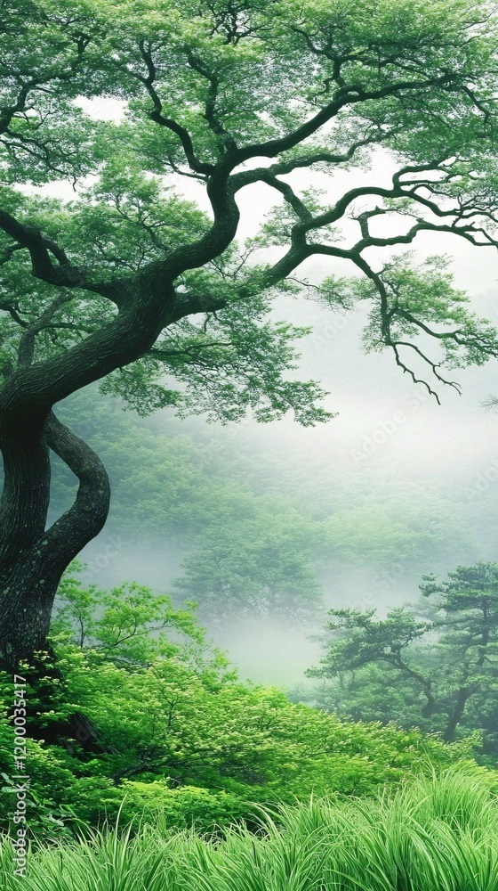 Fototapeta premium Majestic Tree in Misty Green Forest Landscape