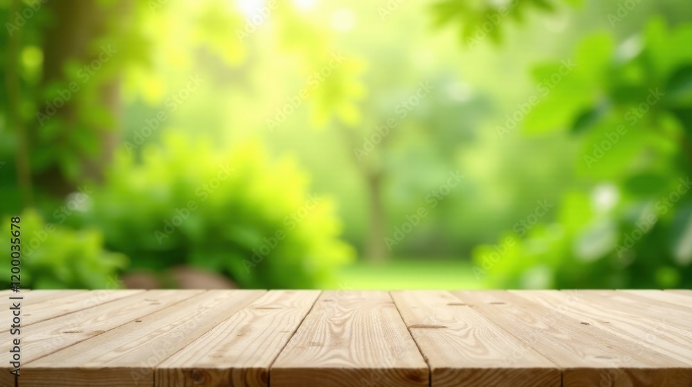 Serene Wooden Tabletop Against a Blurred Lush Green Garden Background Perfect for Product Displays and Nature-Inspired Designs Serene Wooden Tabletop Against a Blurred Lush Green Garden Background Perfect for Product Displays and Nature-Inspired Designs