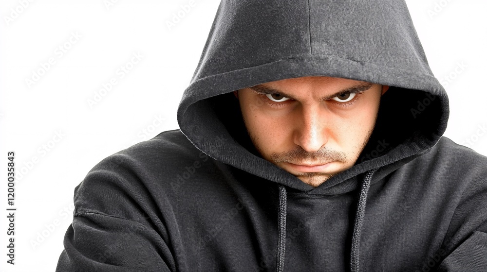Mysterious Man in Dark Hoodie, Intense Gaze, Serious Portrait Mysterious Man in Dark Hoodie, Intense Gaze, Serious Portrait