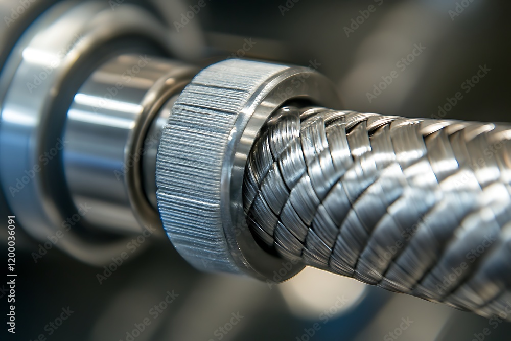Close-up shot of a stainless steel hose for water supply. Close-up shot of a stainless steel hose for water supply.