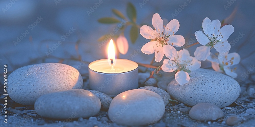 Serene Candlelight Scene with Smooth Stones and Delicate Blossoms Serene Candlelight Scene with Smooth Stones and Delicate Blossoms