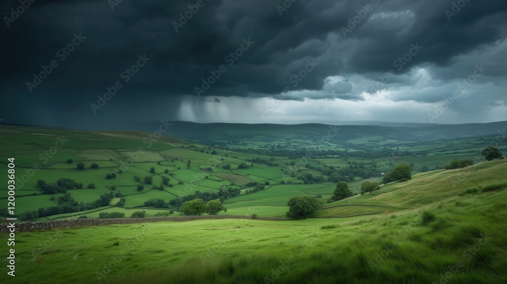 Fototapeta premium Ominous storm clouds gather over lush, rolling green hills, casting dramatic shadows across the tranquil rural landscape.
