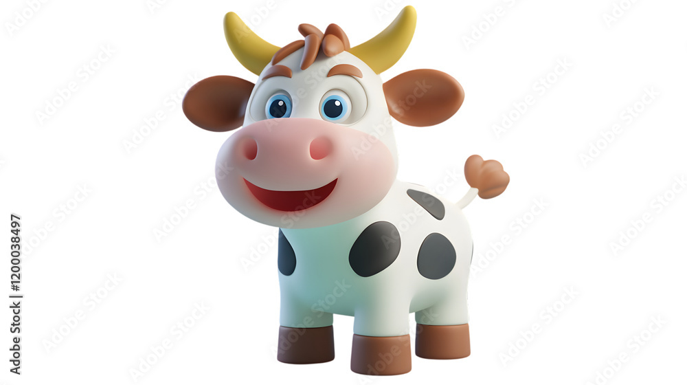 Fototapeta premium Cute 3D Cartoon Cow Mascot with Yellow Horns and Happy Expression – Perfect for Kids' Content