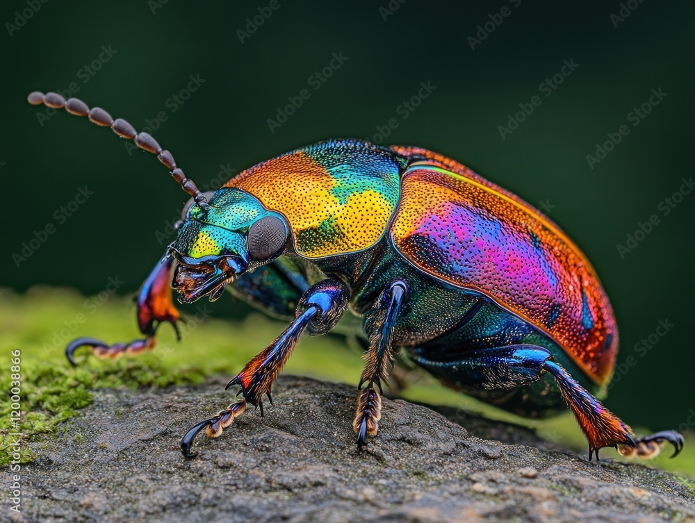 Naklejka premium A rare jewel beetle showcases its dazzling metallic hues in stunning detail