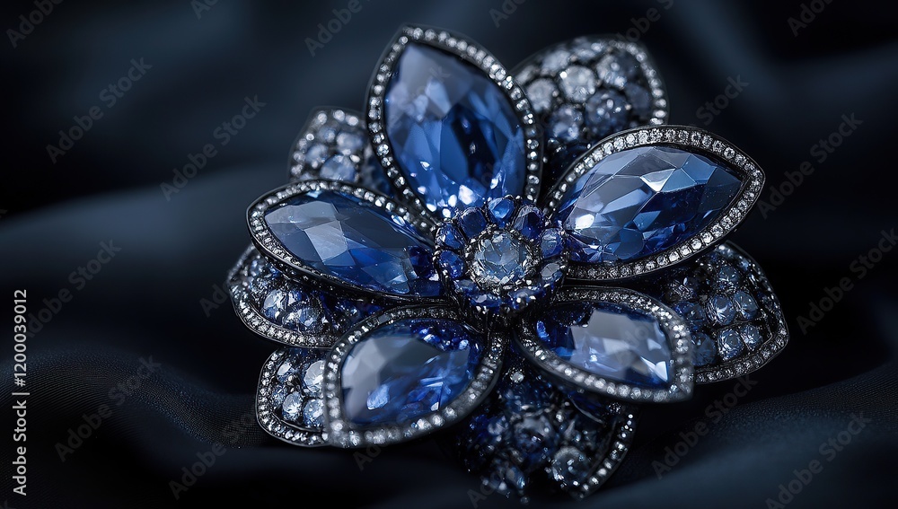 A blue sapphire flower brooch with clear gemstones, sparkling and dazzling against the dark background A blue sapphire flower brooch with clear gemstones, sparkling and dazzling against the dark background