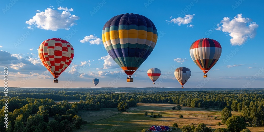 Obraz premium Hot air balloons gracefully rise, filling the sky above fields and trees during sunset