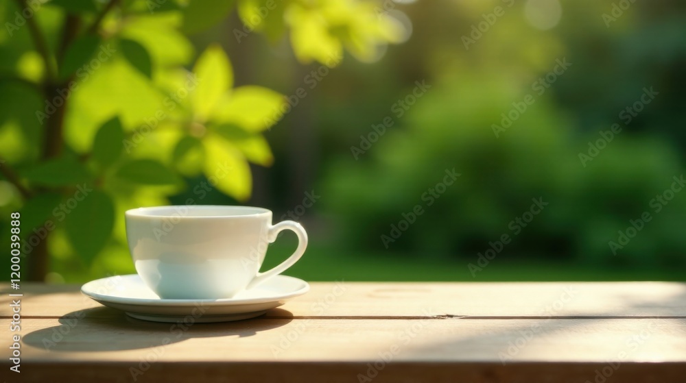 A serene morning cup of tea, gently warmed by sunlight, rests on a wooden table amidst a tranquil garden backdrop. A serene morning cup of tea, gently warmed by sunlight, rests on a wooden table amidst a tranquil garden backdrop.