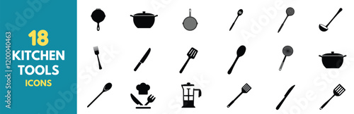 Essential kitchen tools and utensils icons. Well-equipped kitchen needs, Kitchen equipment icons. 