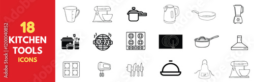 Essential kitchen tools and utensils icons. Well-equipped kitchen needs, Kitchen equipment icons. 