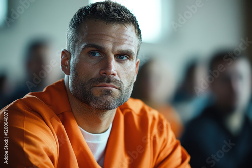 Man in orange prison uniform holding bars, looking through while raindrops trickle down window. Glimpse of outside world blurred.