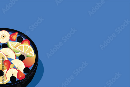 Create a vibrant vector background featuring a bowl overflowing with a colorful fruit salad, showcasing a variety of fresh fruits in various cuts and sizes.