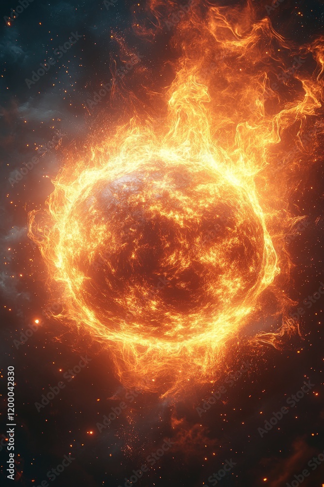 Fototapeta premium Fiery planet engulfed in cosmic flames.