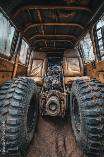 Rusty off-road vehicle, exposed engine, large tires. photo