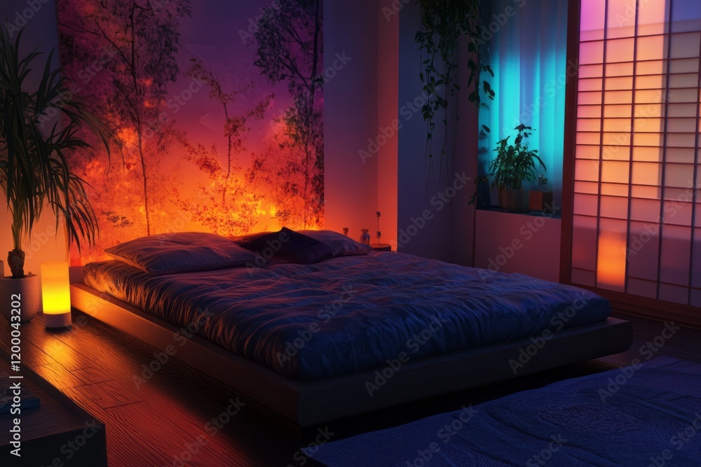 Serene Bedroom with Warm Lighting and Tranquil Decor Serene Bedroom with Warm Lighting and Tranquil Decor