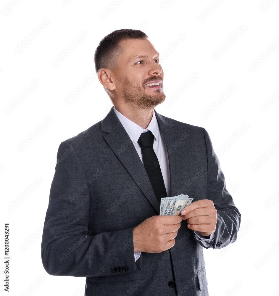 Banker with dollar banknotes on white background Banker with dollar banknotes on white background
