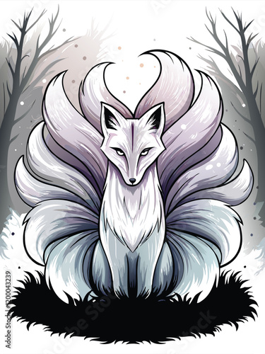 A majestic, nine-tailed fox Kitsune, rendered in a vintage style, emanating mystical energy and surrounded by ethereal elements.